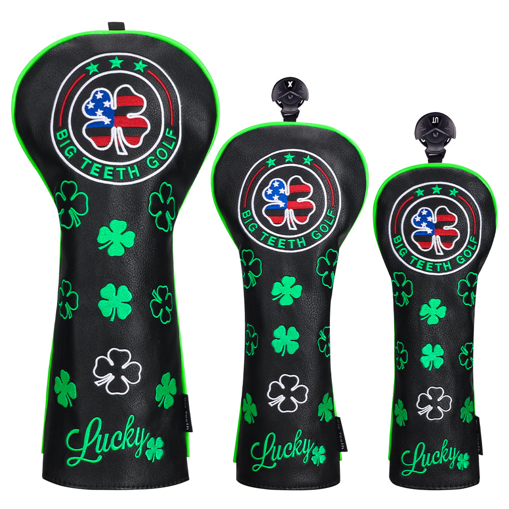 Black Leather Four-Leaf Clover Golf Headcover Set