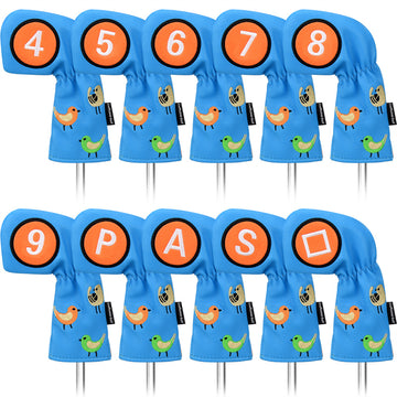 Birdies Blue Leather Golf Iron Head Covers 10pcs/ Set  - Craftsman Golf