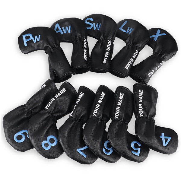Custom With Your Name Black Leather Blue number Iron Headcovers Set-CraftsmanGolf
