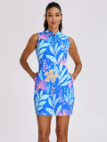 34" Blue Floral Quarter-zip Sleeveless Dress with Shorts and Pockets
