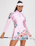 UPF50+ Breathable Pink Flamingo and Floral Quarter-zip 34"/37" Long-sleeve Dress