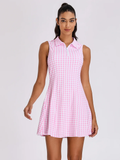 34" Pink Houndstooth Quarter-zip Sleeveless Dress For Women