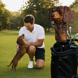 Custom animal golf headcover displayed on a golf bag beside its matching pet