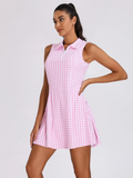 34" Pink Houndstooth Quarter-zip Sleeveless Dress For Women