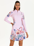 UPF50+ Breathable Pink Flamingo and Floral Quarter-zip 34"/37" Long-sleeve Dress