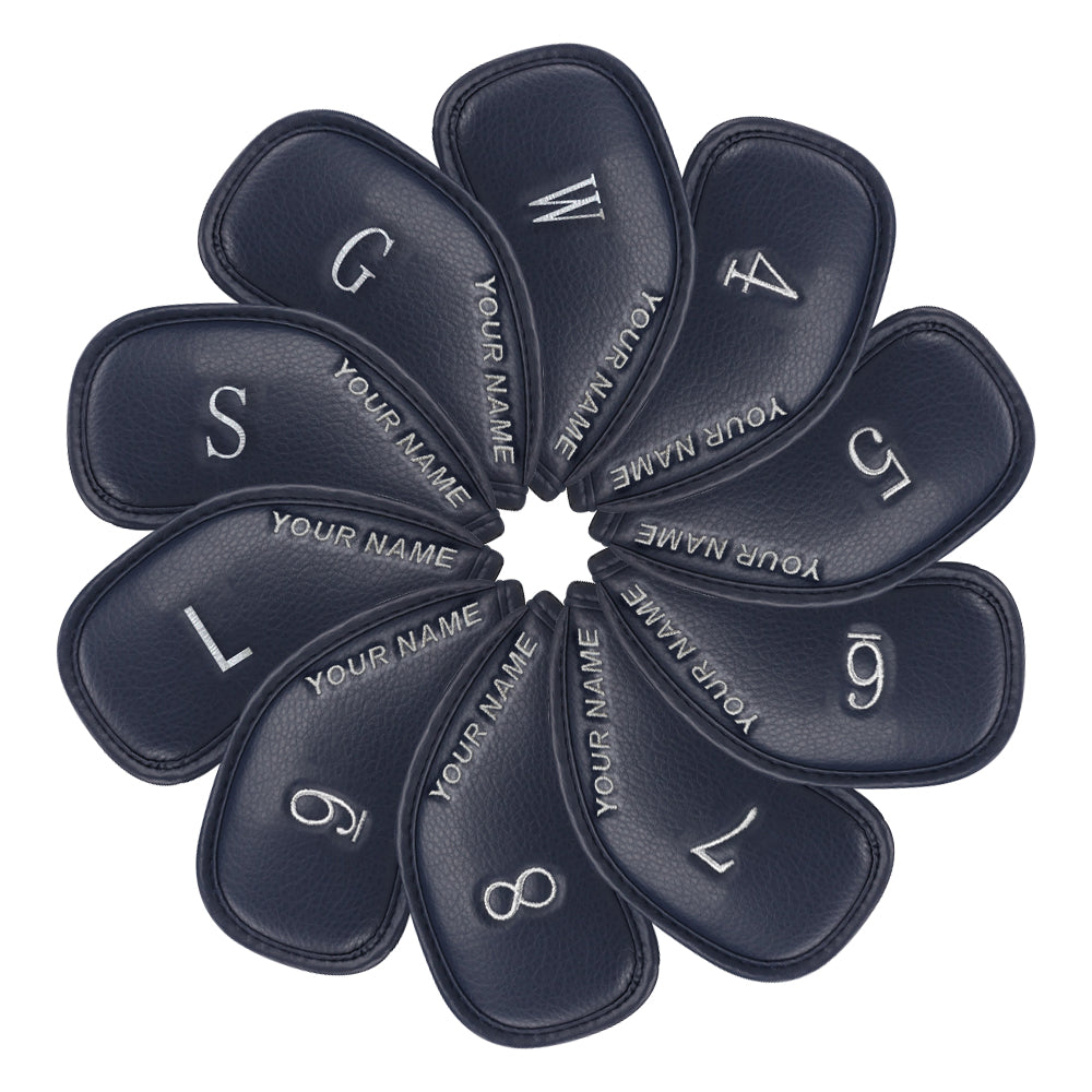 Personalized Black Leather Iron Head Covers Set With Your Name (4-9,W,G,S,L)-CraftsmanGolf
