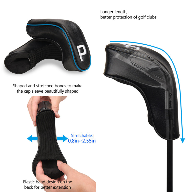 Black Leather White Numbers Golf Club Hybrid Iron Head Covers Set 9 PC