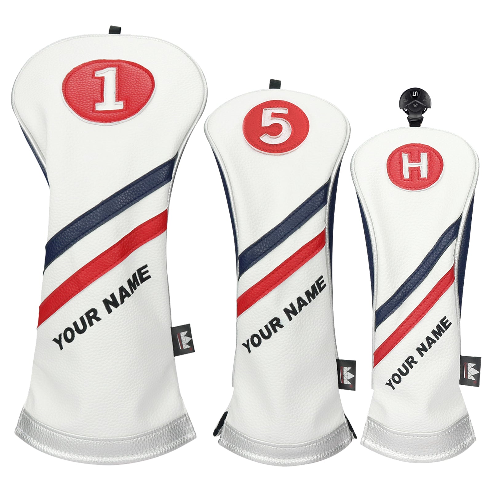 Custom White Blue Red Wood headcovers With Your Name - CraftsmanGolf