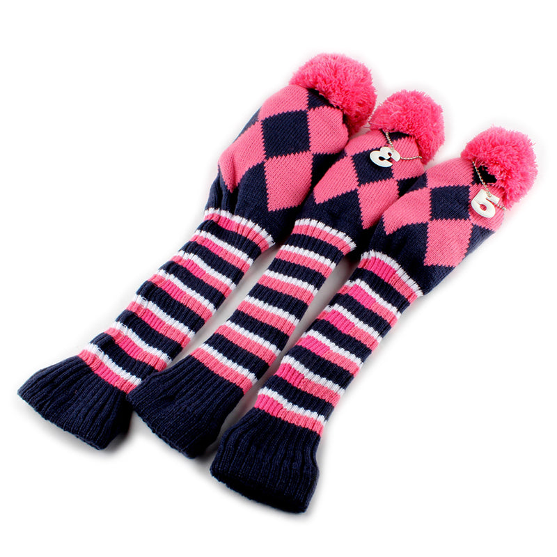 Knitted Checked Pom Pom Golf Wood Head Covers Set 3pcs - Craftsman Golf