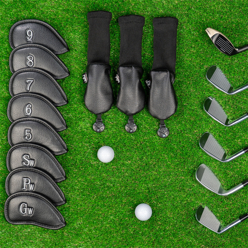 Leather Golf Club Iron Head Covers Set With 3 Hybrid Cover 11 PCS