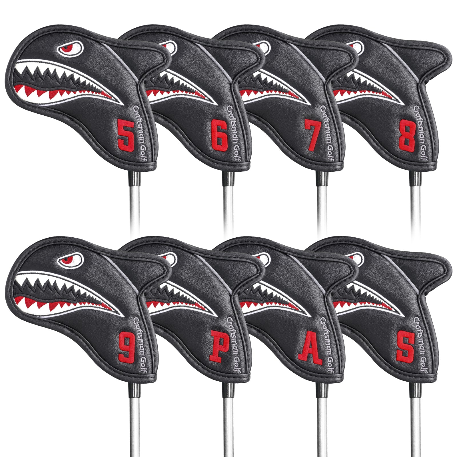 Vivid Shark Embroidery With 3D Fin Visible Red Numbers Iron Cover Set - Craftsman golf