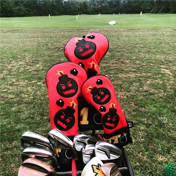 Red Black Leather Angry Bombs Golf Head Covers - CraftsmanGolf